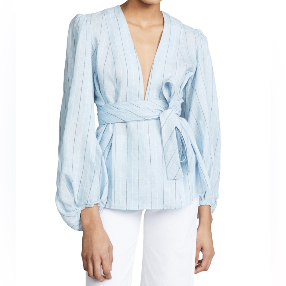 Petersyn 100% Linen Light Blue Striped Long Sleeve Top Front Tie Size XS